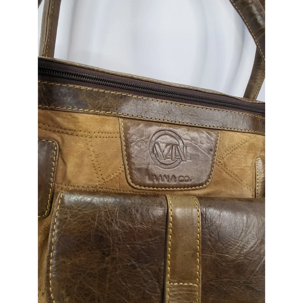 Vaan & Co Upcycled Leather Suede Duffle Bag Brown Chevron Weekender Travel Bag